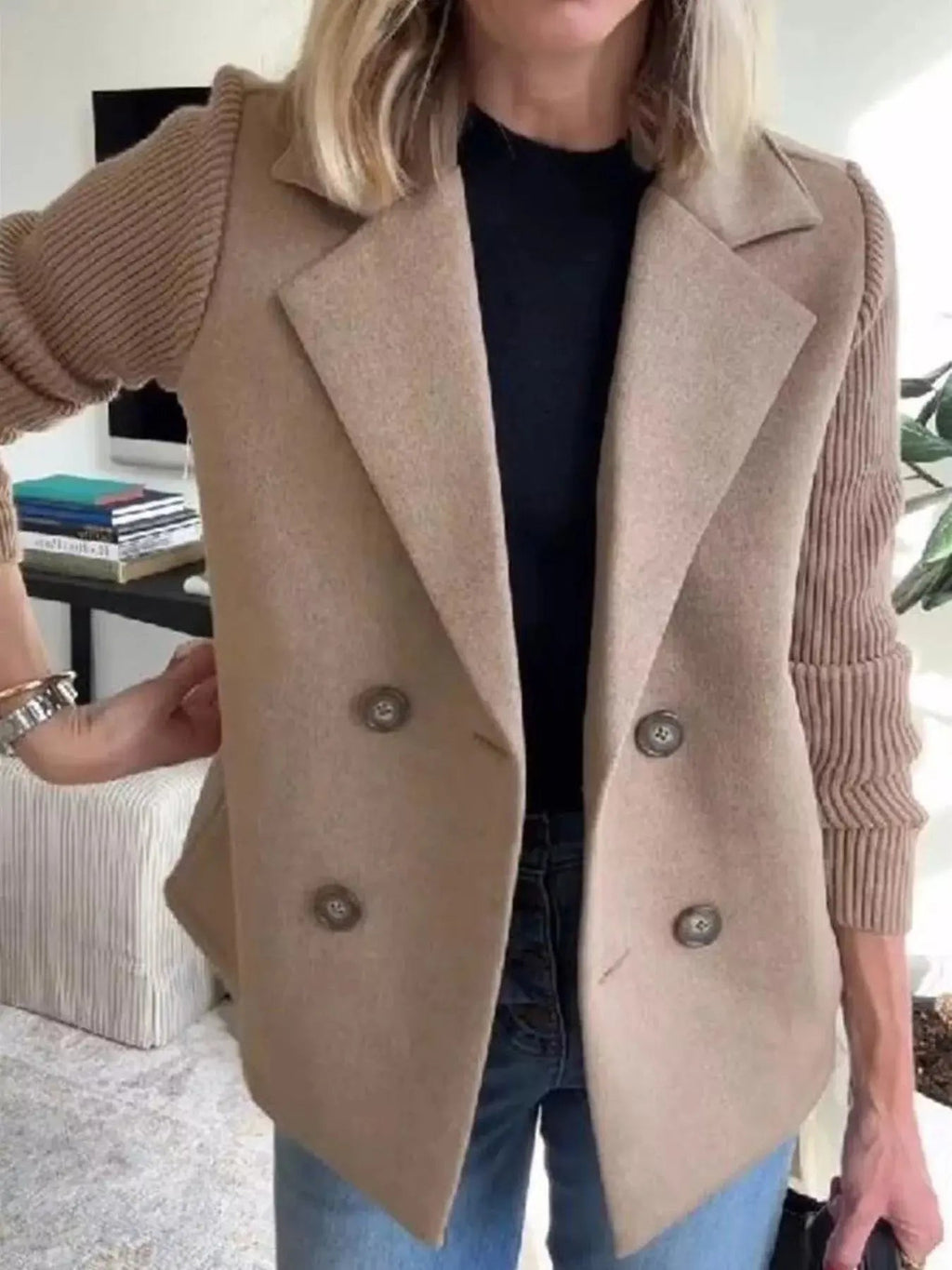 Full Size Knit Sleeve Double - Breasted Outerwear Plus Size - Charmdeals