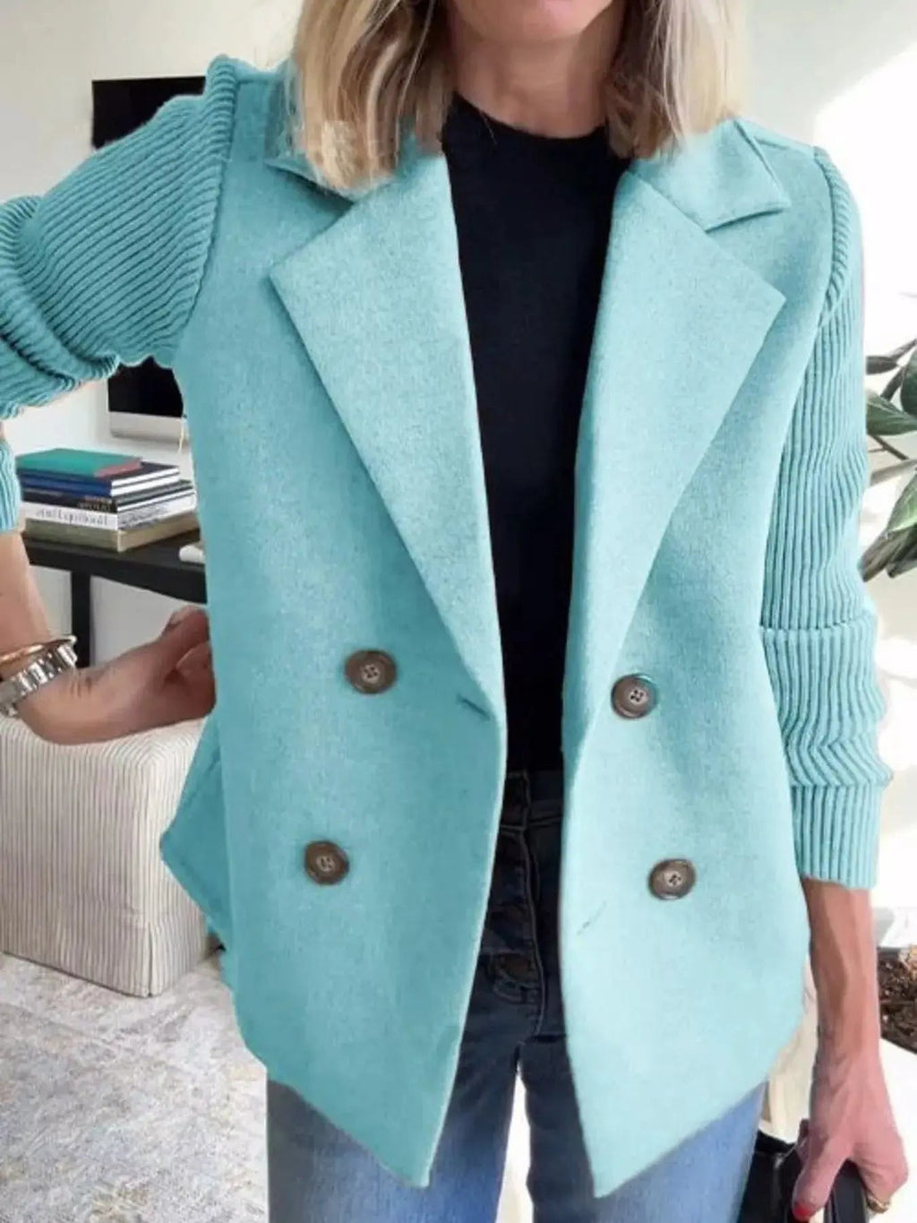 Full Size Knit Sleeve Double - Breasted Outerwear Plus Size - Charmdeals