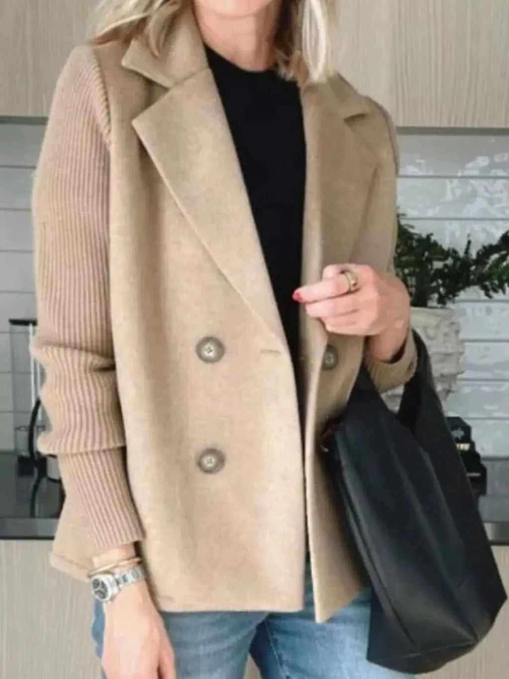 Full Size Knit Sleeve Double - Breasted Outerwear Plus Size - Charmdeals