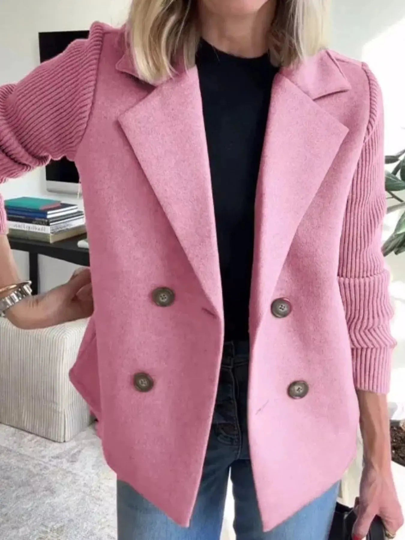 Full Size Knit Sleeve Double - Breasted Outerwear Plus Size - Charmdeals