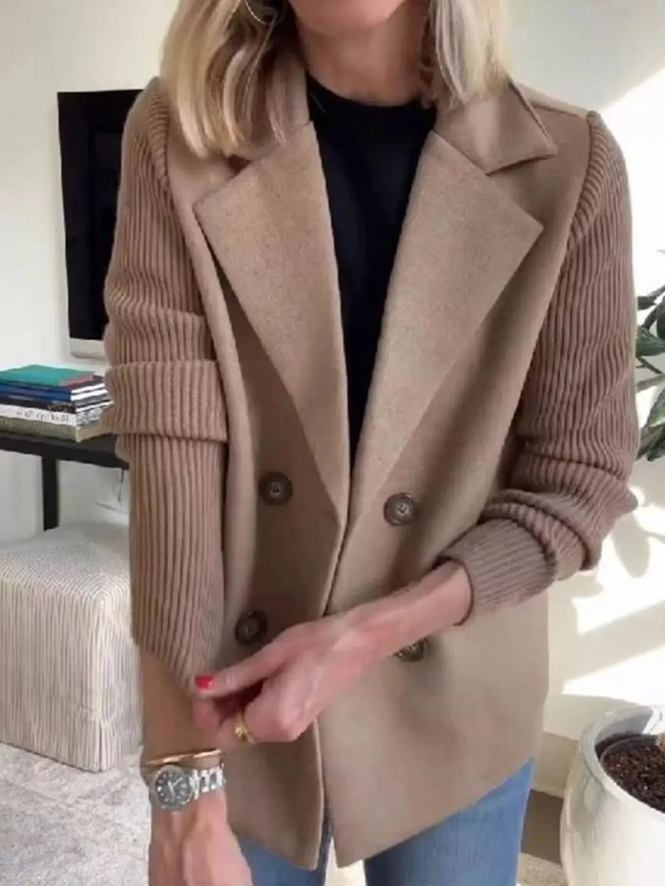 Full Size Knit Sleeve Double - Breasted Outerwear Plus Size - Charmdeals