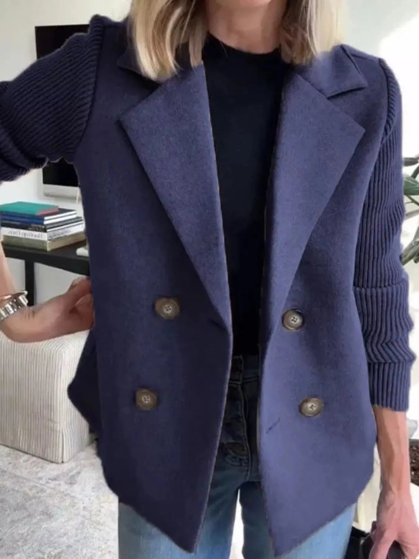 Full Size Knit Sleeve Double - Breasted Outerwear Plus Size - Charmdeals