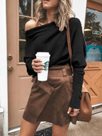 Full Size One - Shoulder Ribbed Sweater Plus Size - Charmdeals