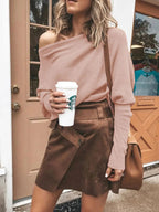 Full Size One - Shoulder Ribbed Sweater Plus Size - Charmdeals