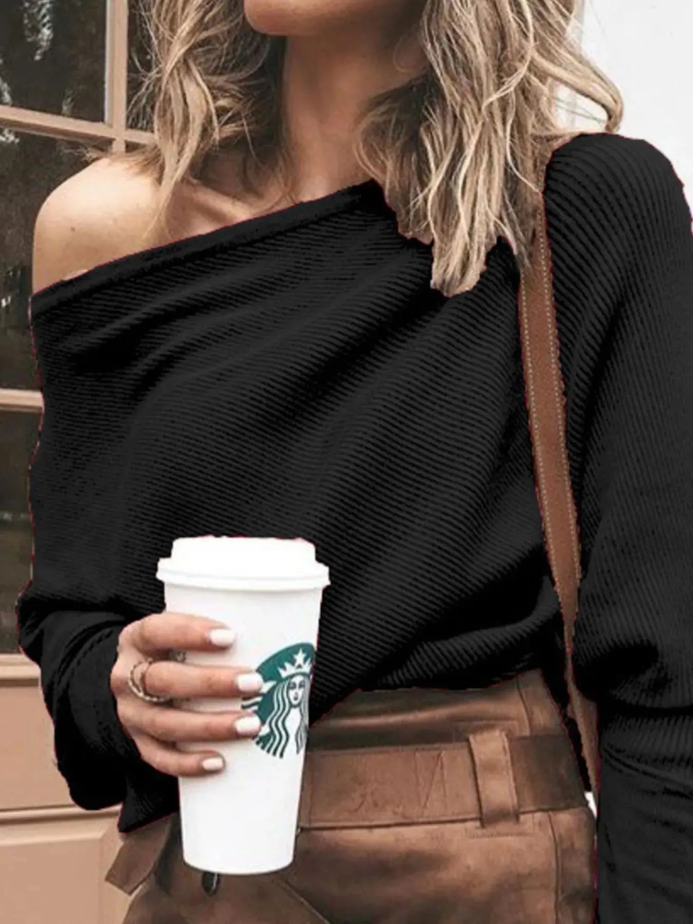 Full Size One - Shoulder Ribbed Sweater Plus Size - Charmdeals