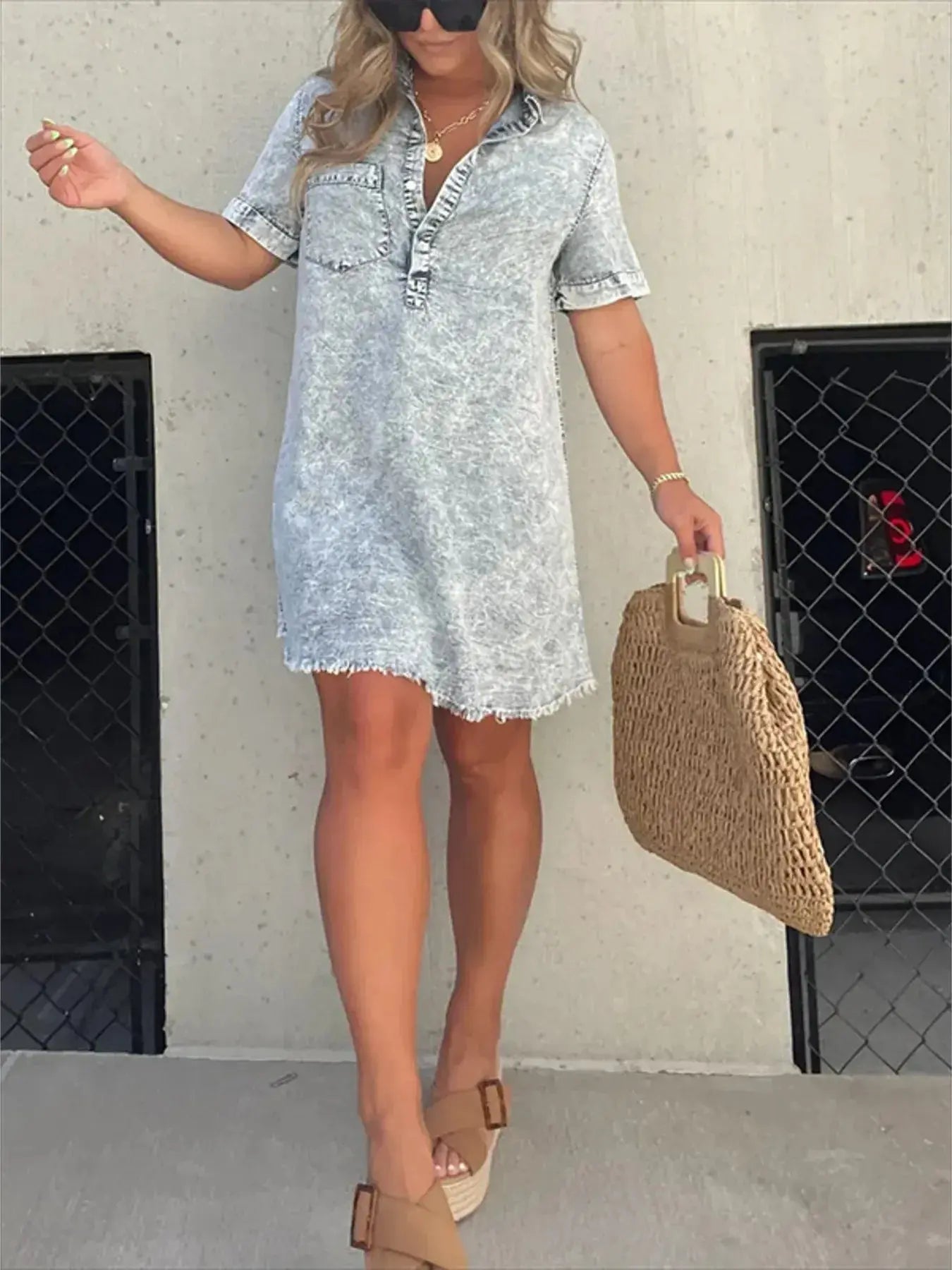Full Size Raw Hem Short Sleeve Denim Dress Plus Size - Charmdeals