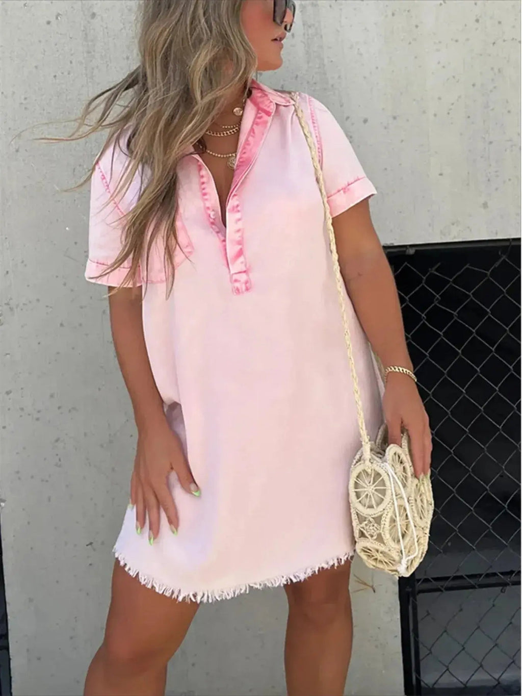 Full Size Raw Hem Short Sleeve Denim Dress Plus Size - Charmdeals