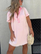 Full Size Raw Hem Short Sleeve Denim Dress Plus Size - Charmdeals