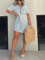 Full Size Raw Hem Short Sleeve Denim Dress Plus Size - Charmdeals