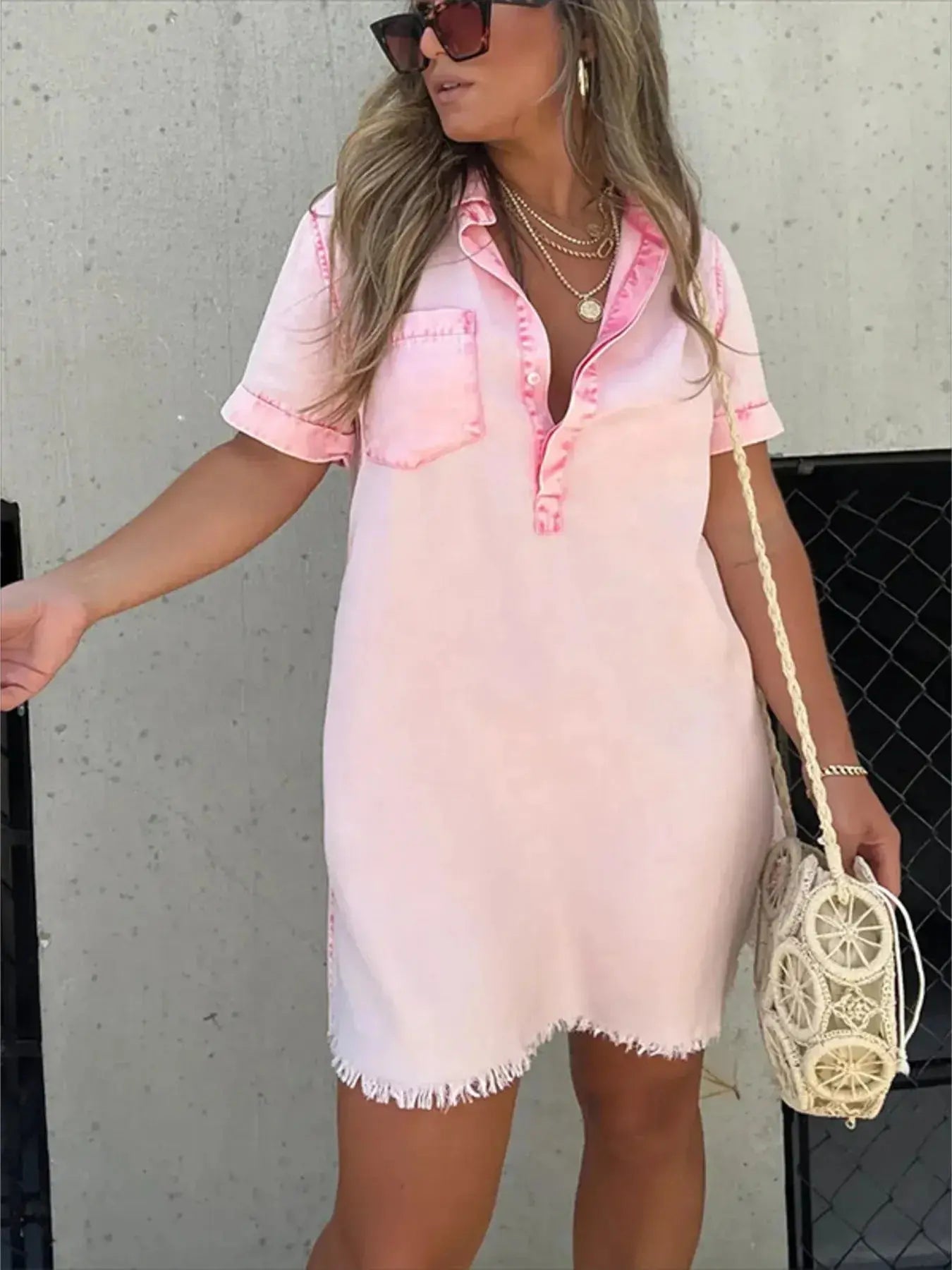 Full Size Raw Hem Short Sleeve Denim Dress Plus Size - Charmdeals