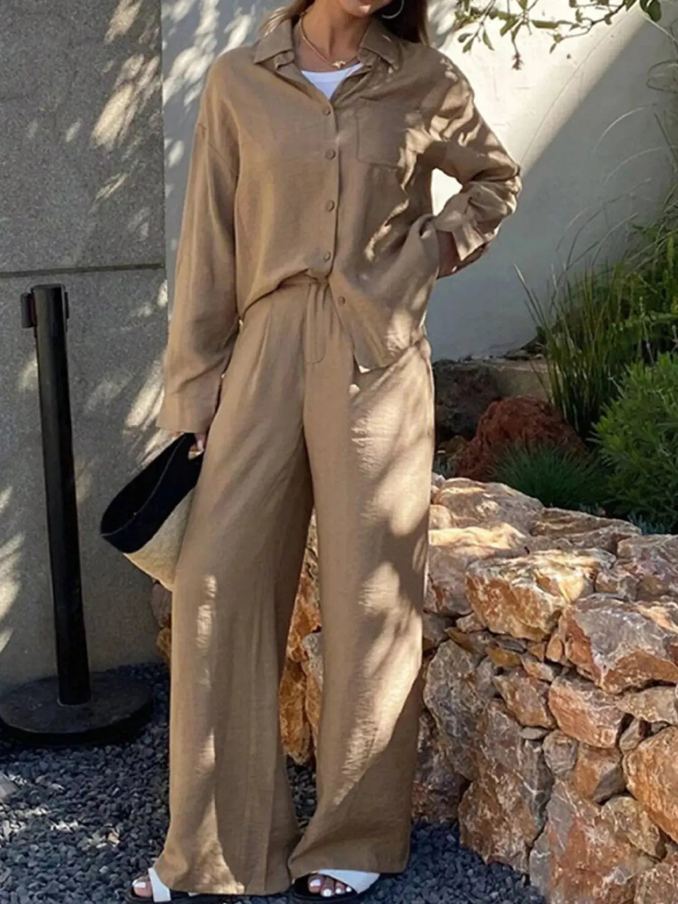 Full Size Relaxed Fit Button Up Shirt and Pants Two - Piece Set Plus Size - Charmdeals