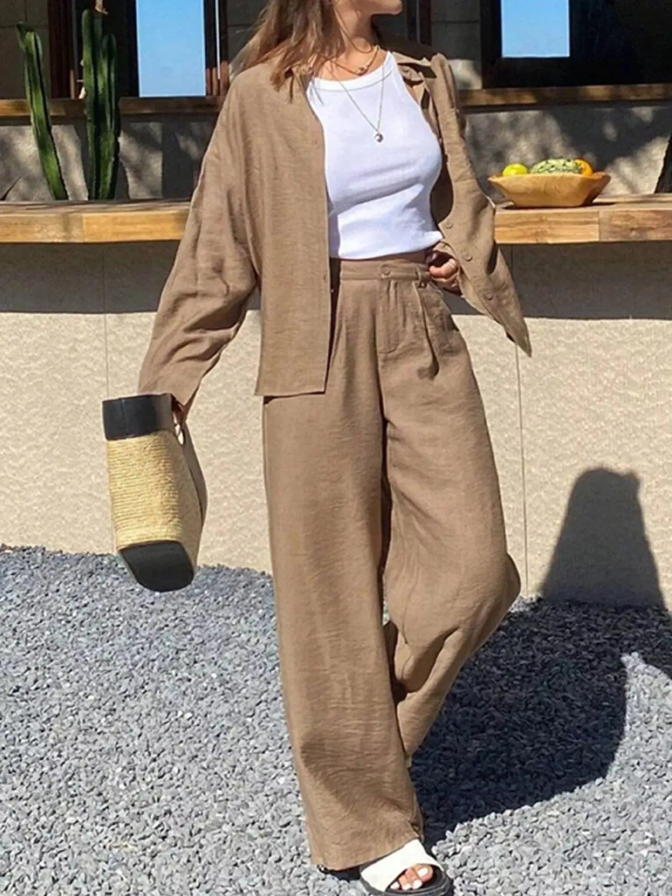 Full Size Relaxed Fit Button Up Shirt and Pants Two - Piece Set Plus Size - Charmdeals