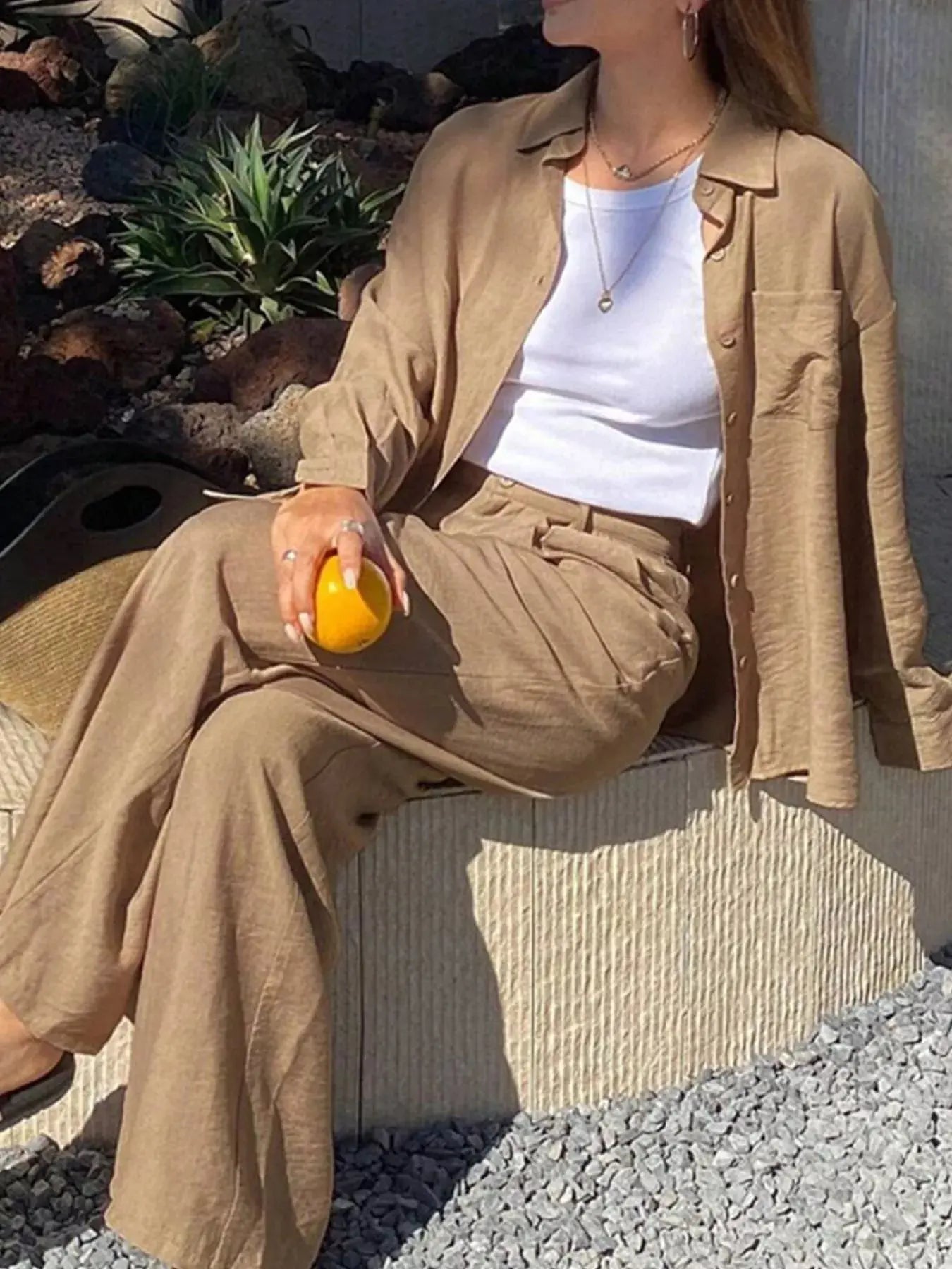 Full Size Relaxed Fit Button Up Shirt and Pants Two - Piece Set Plus Size - Charmdeals