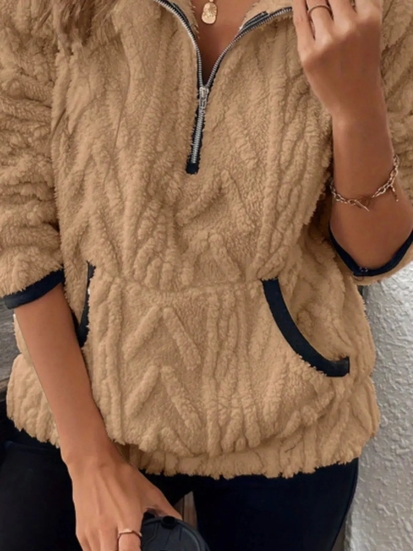 Full Size Sherpa Half Zip Sweatshirt Plus Size - Charmdeals