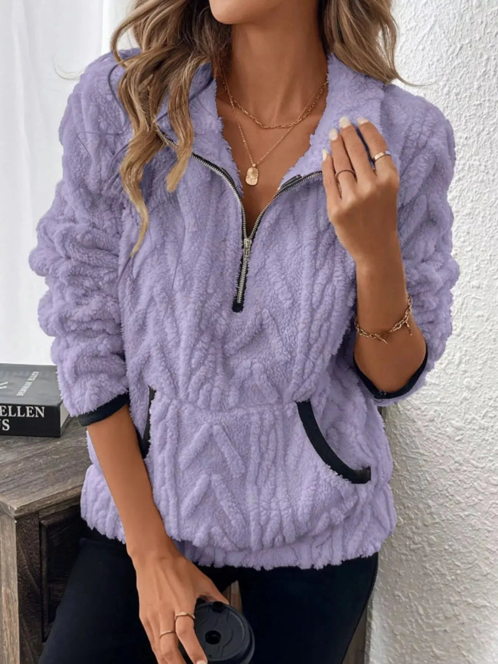 Full Size Sherpa Half Zip Sweatshirt Plus Size - Charmdeals