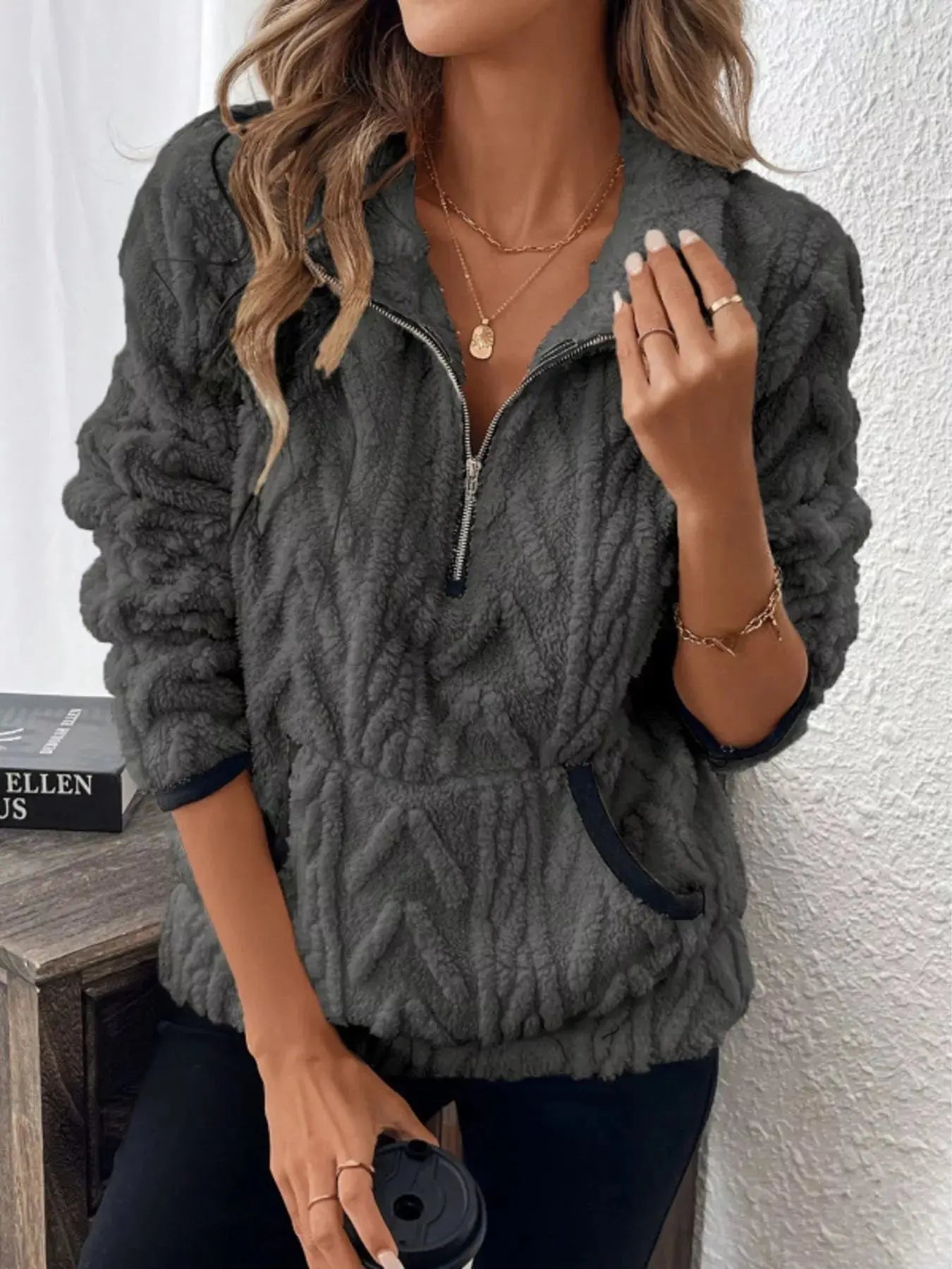 Full Size Sherpa Half Zip Sweatshirt Plus Size - Charmdeals