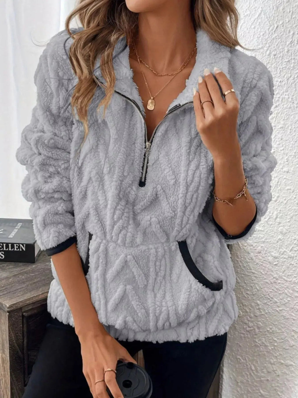Full Size Sherpa Half Zip Sweatshirt Plus Size - Charmdeals