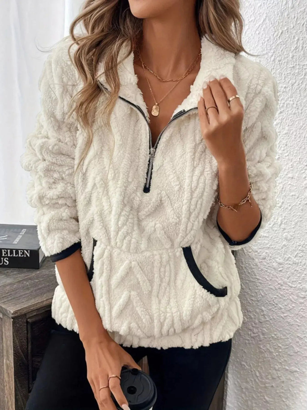 Full Size Sherpa Half Zip Sweatshirt Plus Size - Charmdeals