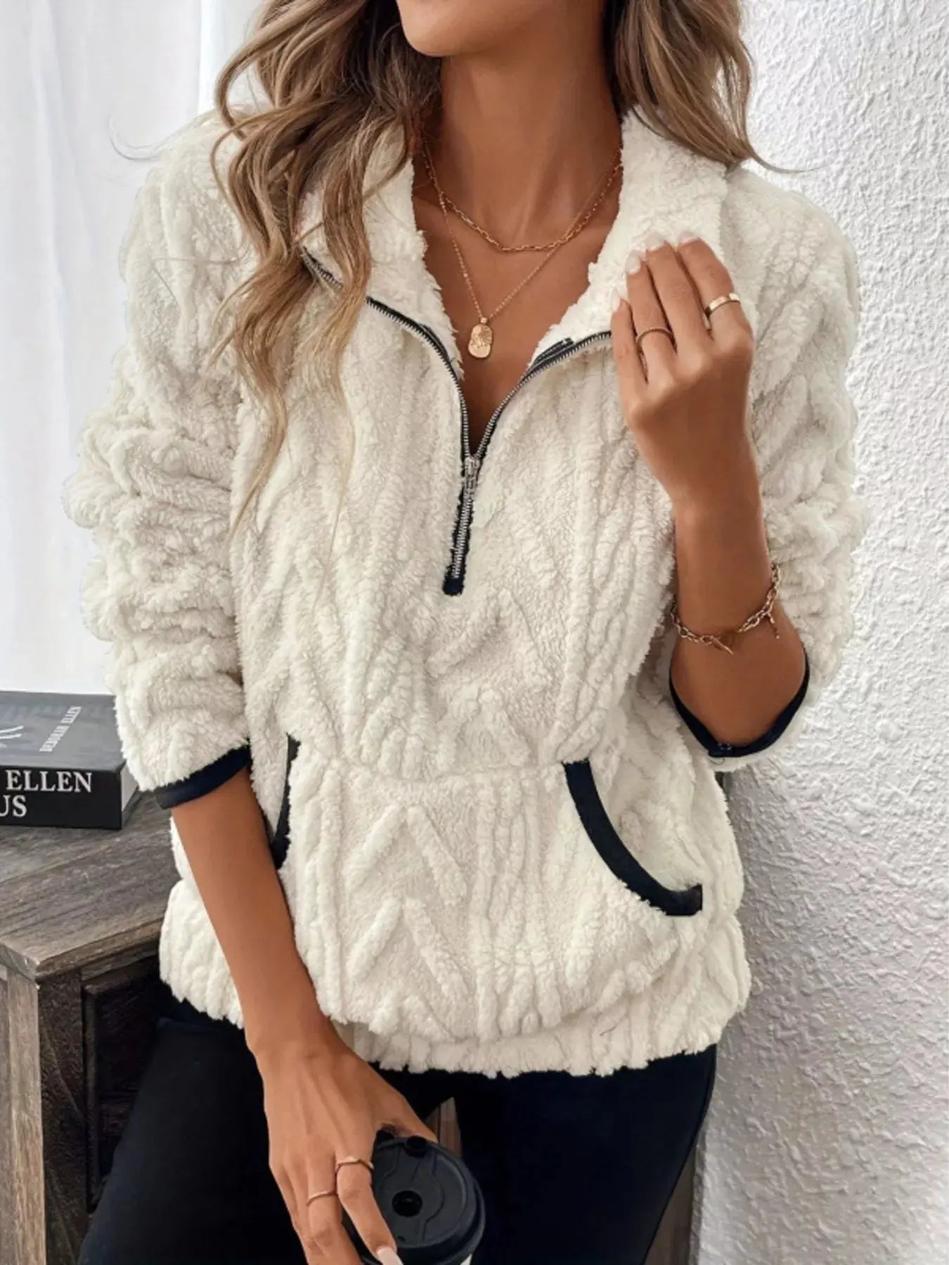 Full Size Sherpa Half Zip Sweatshirt Plus Size - Charmdeals