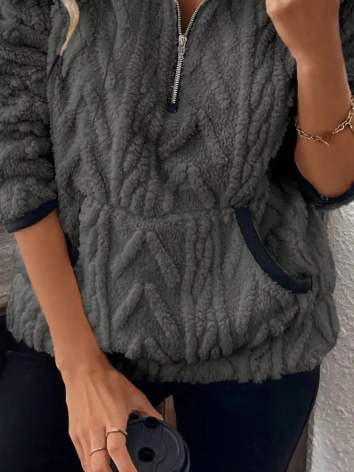 Full Size Sherpa Half Zip Sweatshirt Plus Size - Charmdeals