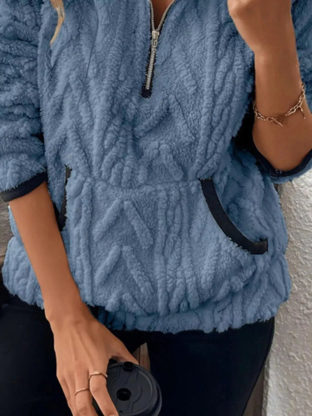 Full Size Sherpa Half Zip Sweatshirt Plus Size - Charmdeals