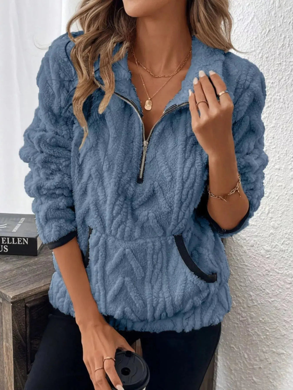 Full Size Sherpa Half Zip Sweatshirt Plus Size - Charmdeals