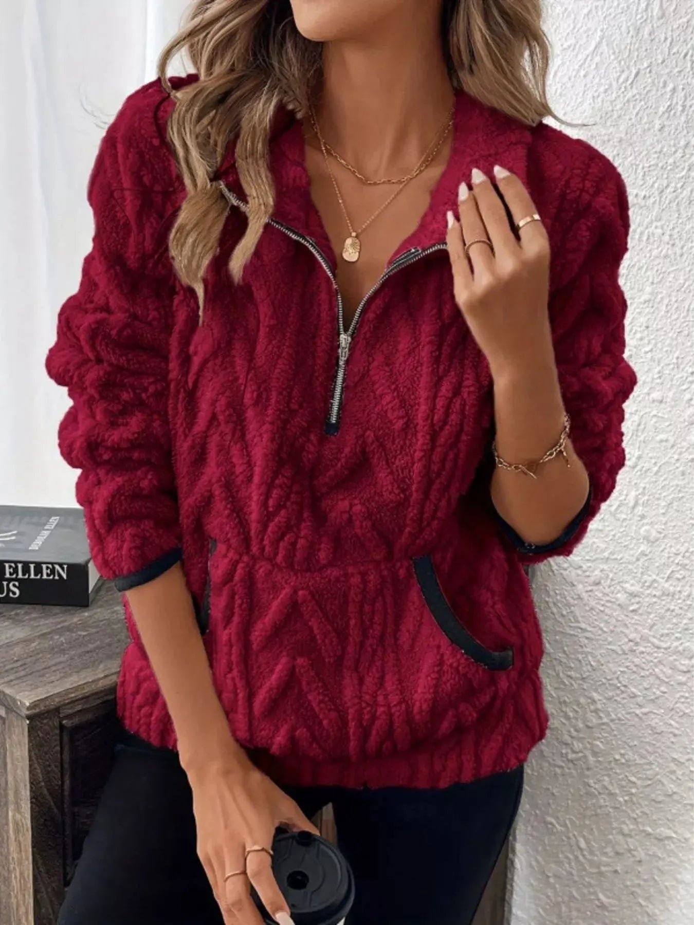 Full Size Sherpa Half Zip Sweatshirt Plus Size - Charmdeals