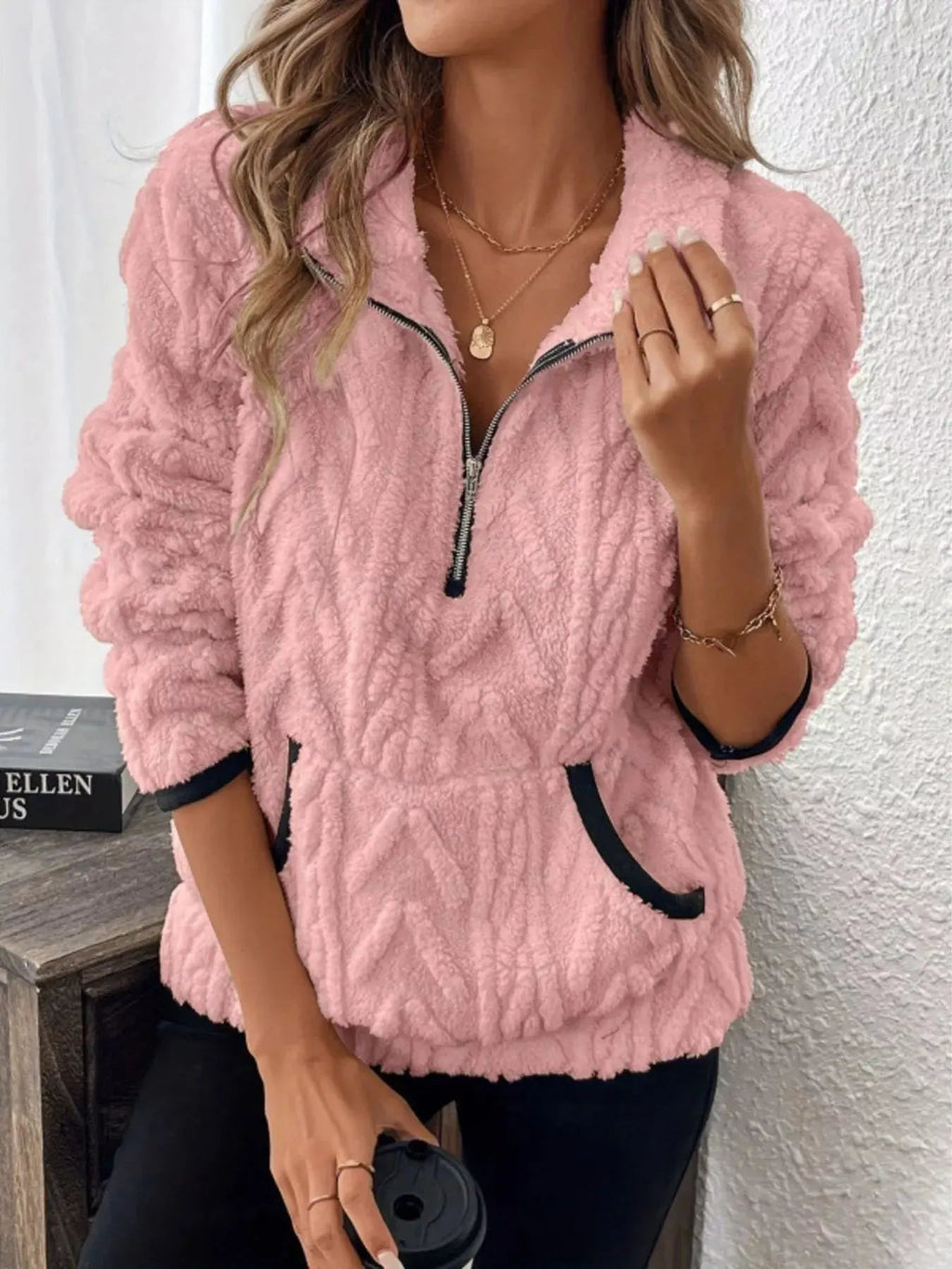 Full Size Sherpa Half Zip Sweatshirt Plus Size - Charmdeals