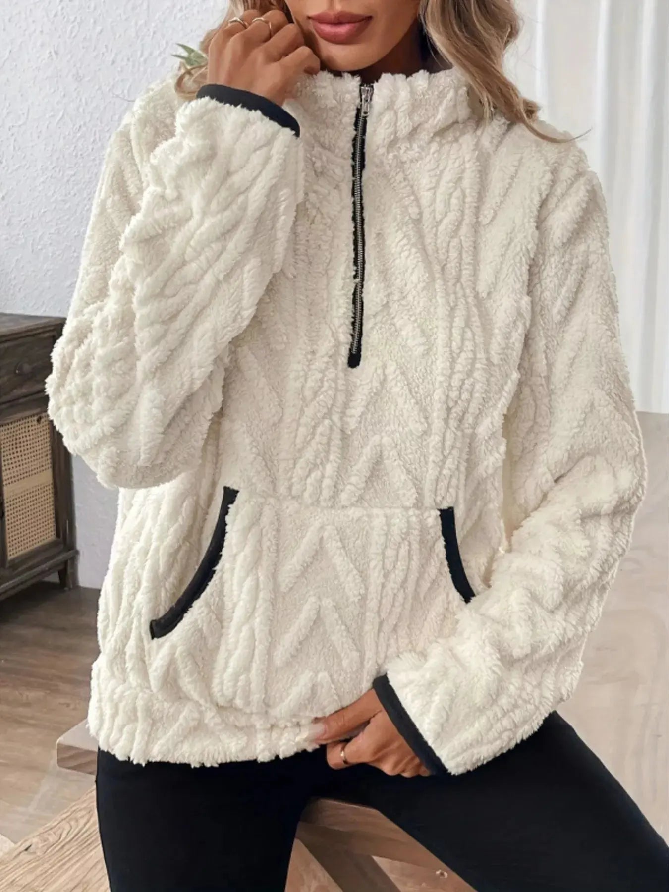 Full Size Sherpa Half Zip Sweatshirt Plus Size - Charmdeals