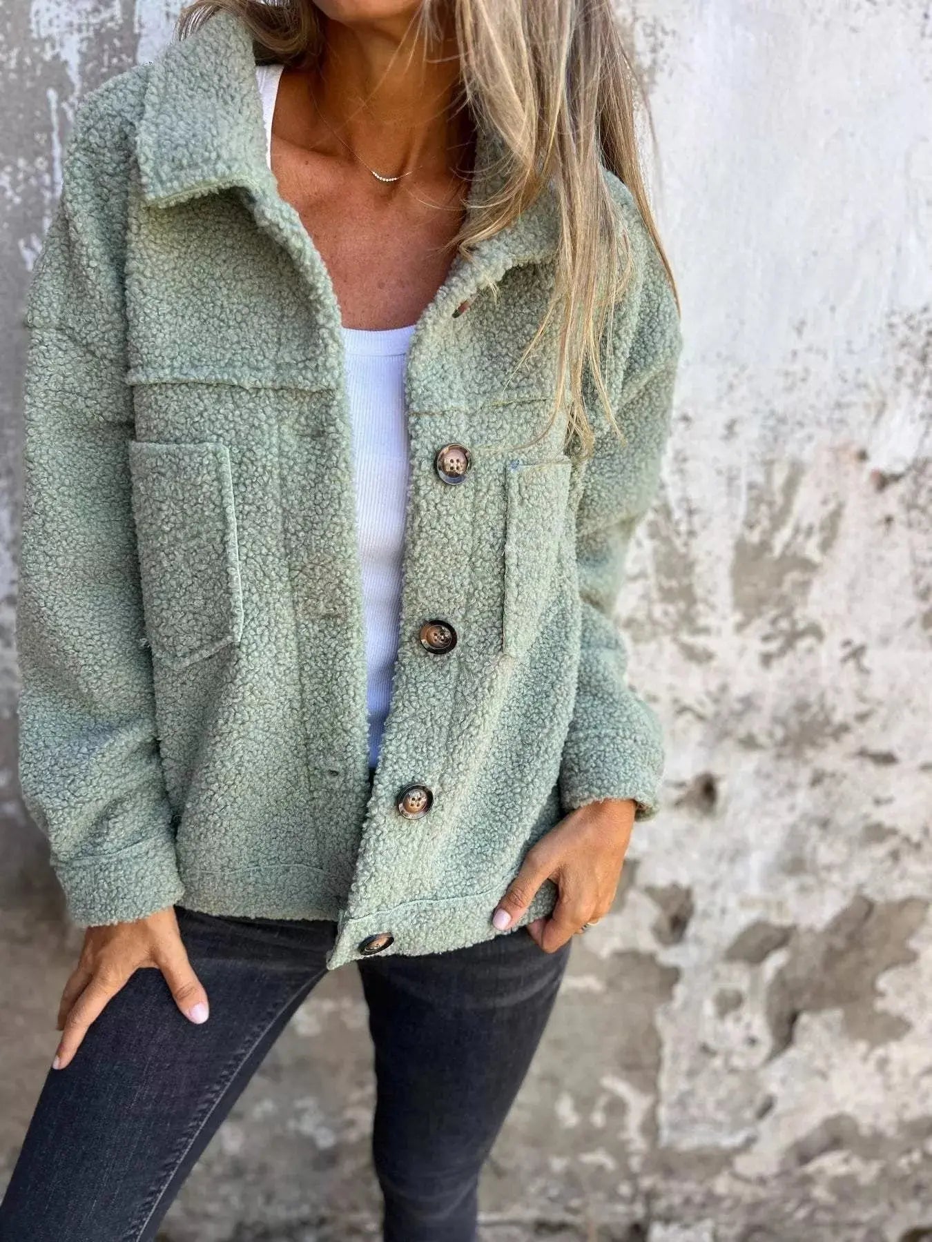 Full Size Single - Breasted Sherpa Shacket Plus Size - Charmdeals