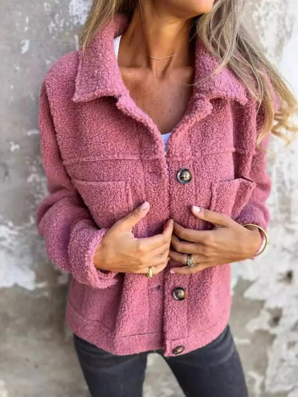 Full Size Single - Breasted Sherpa Shacket Plus Size - Charmdeals