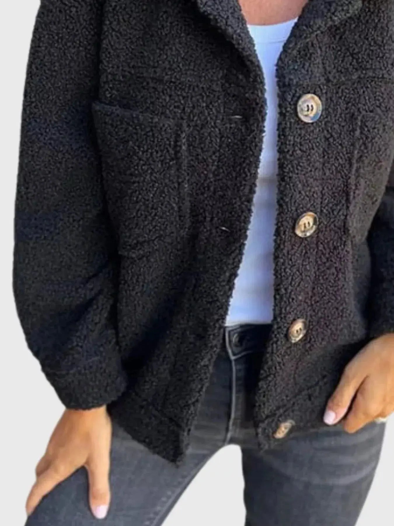 Full Size Single - Breasted Sherpa Shacket Plus Size - Charmdeals