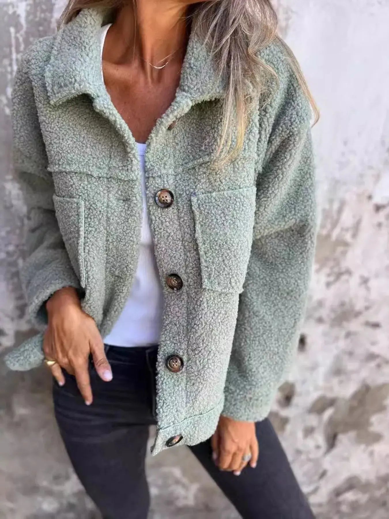 Full Size Single - Breasted Sherpa Shacket Plus Size - Charmdeals