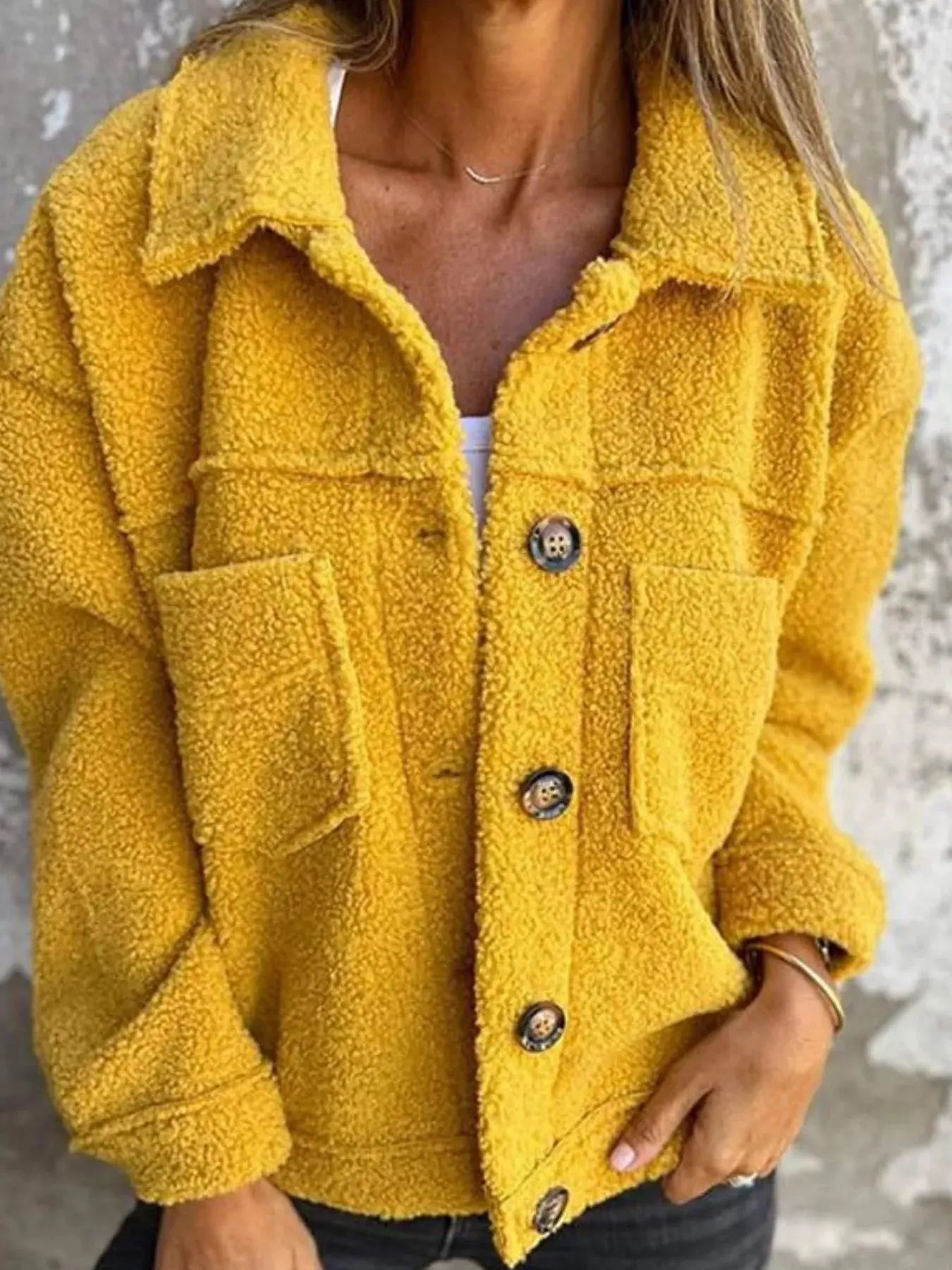 Full Size Single - Breasted Sherpa Shacket Plus Size - Charmdeals