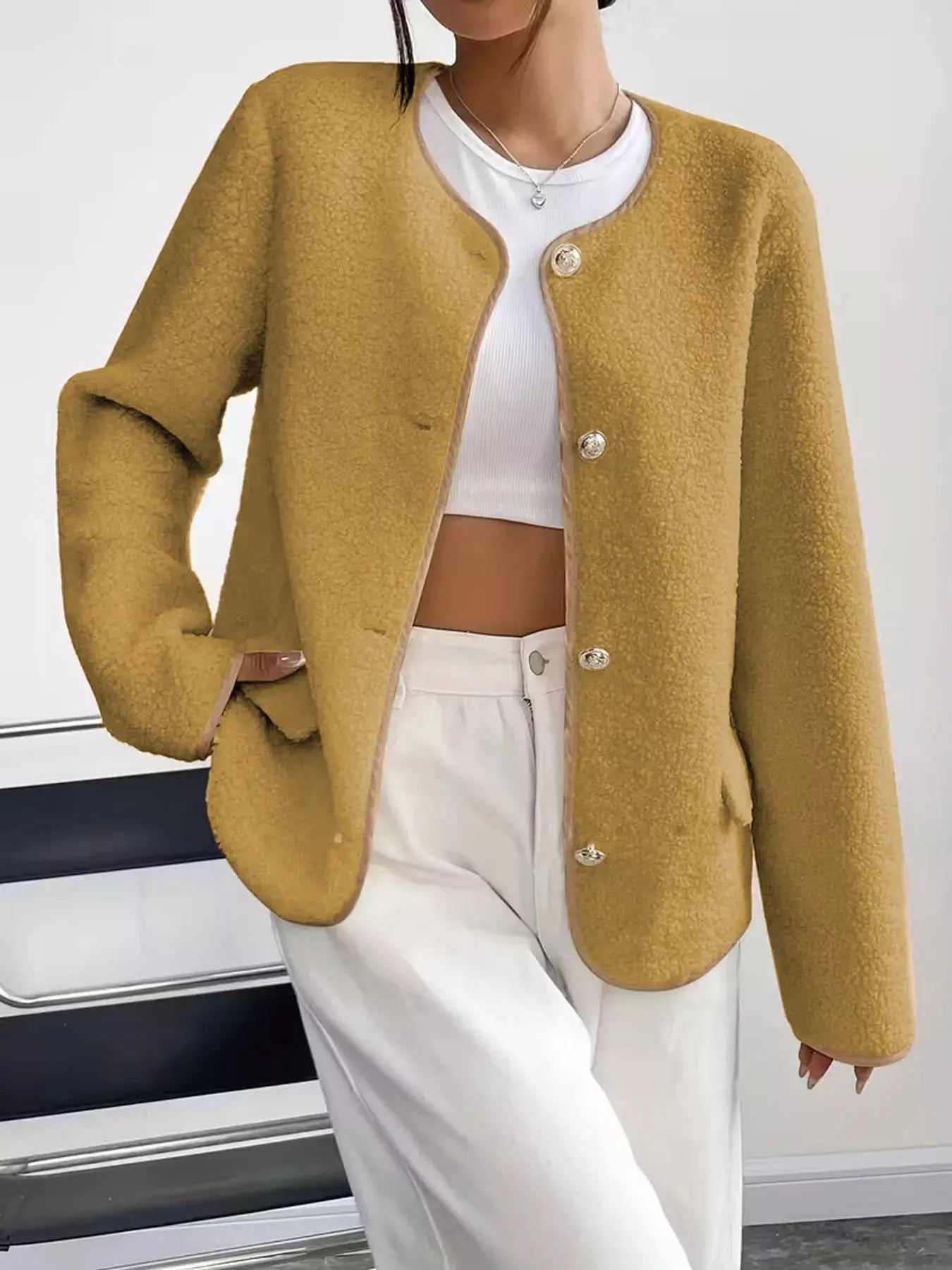 Full Size Textured Button - Up Fleece Outerwear Plus Size - Charmdeals