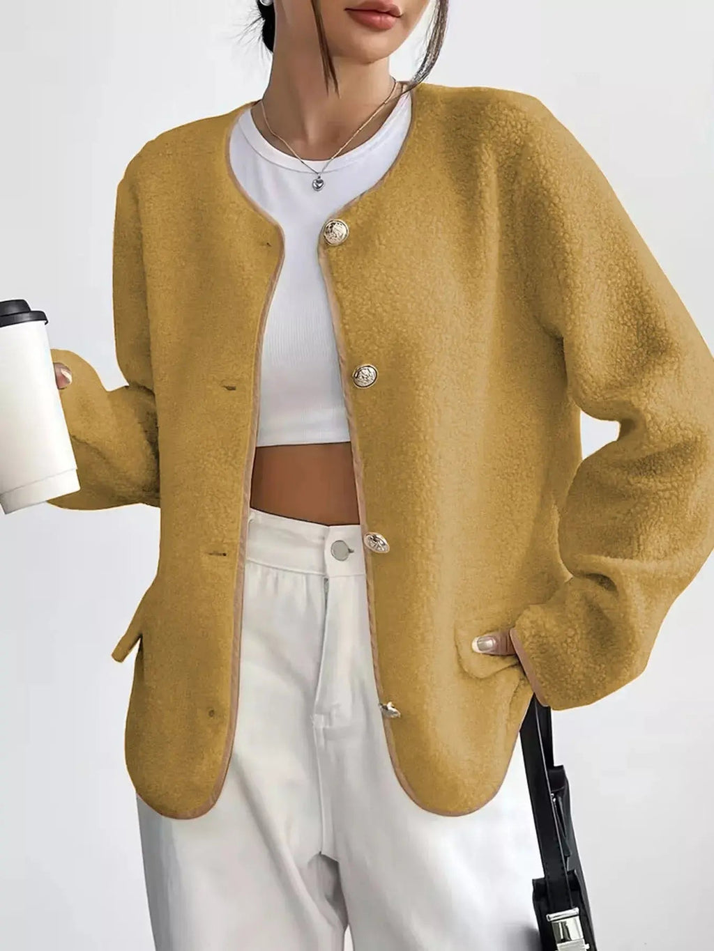 Full Size Textured Button - Up Fleece Outerwear Plus Size - Charmdeals