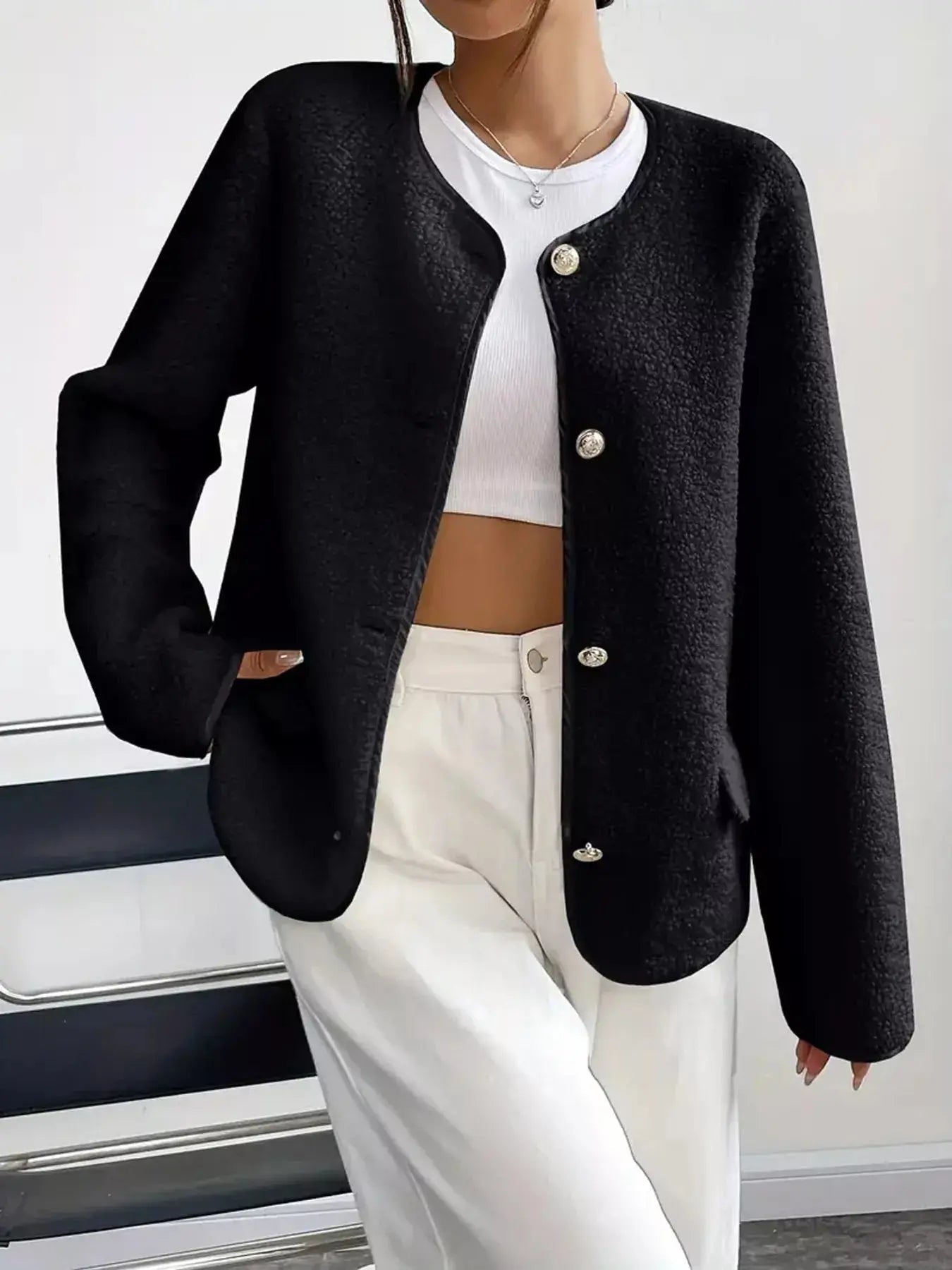 Full Size Textured Button - Up Fleece Outerwear Plus Size - Charmdeals