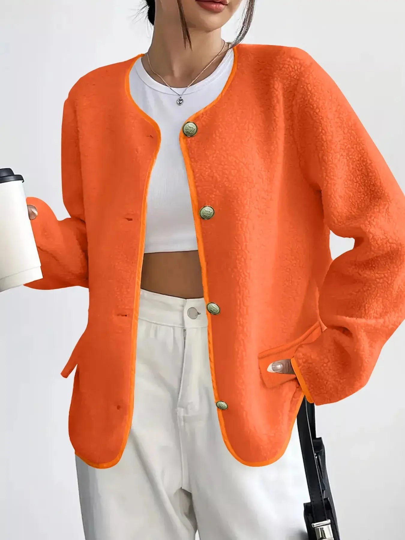 Full Size Textured Button - Up Fleece Outerwear Plus Size - Charmdeals