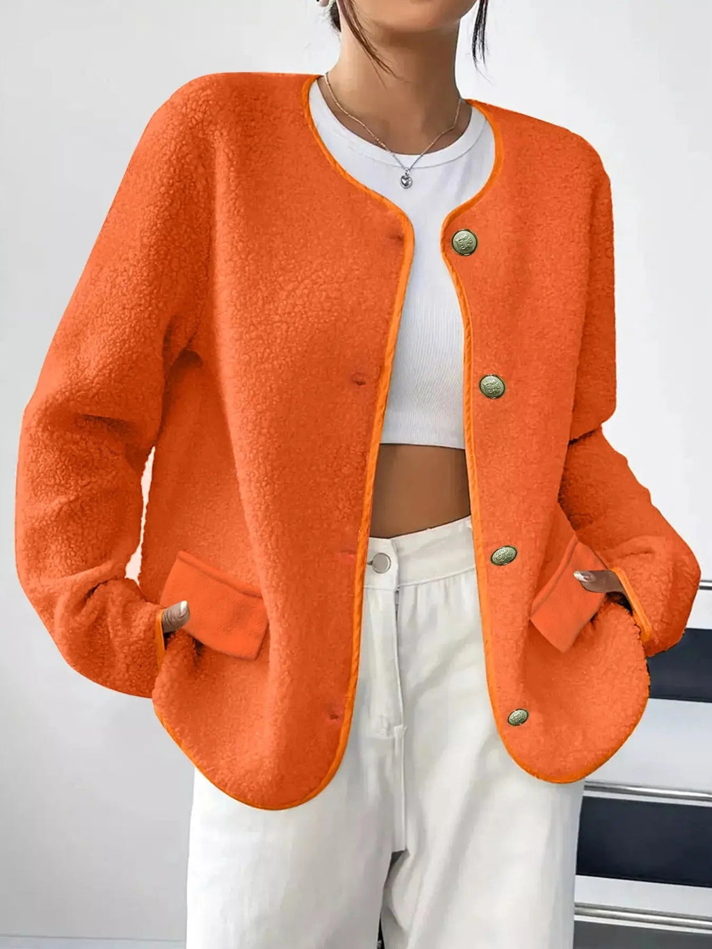 Full Size Textured Button - Up Fleece Outerwear Plus Size - Charmdeals