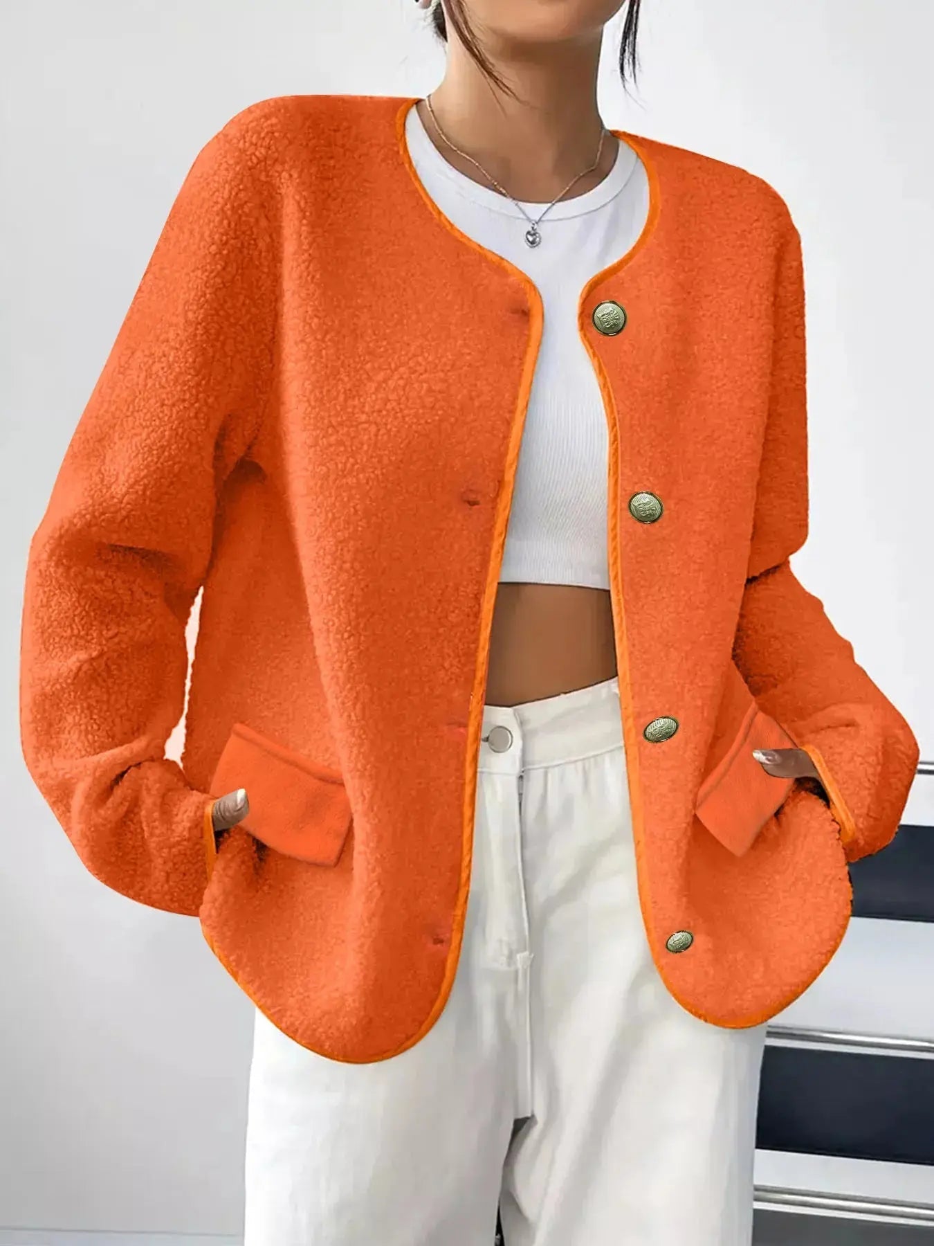 Full Size Textured Button - Up Fleece Outerwear Plus Size - Charmdeals