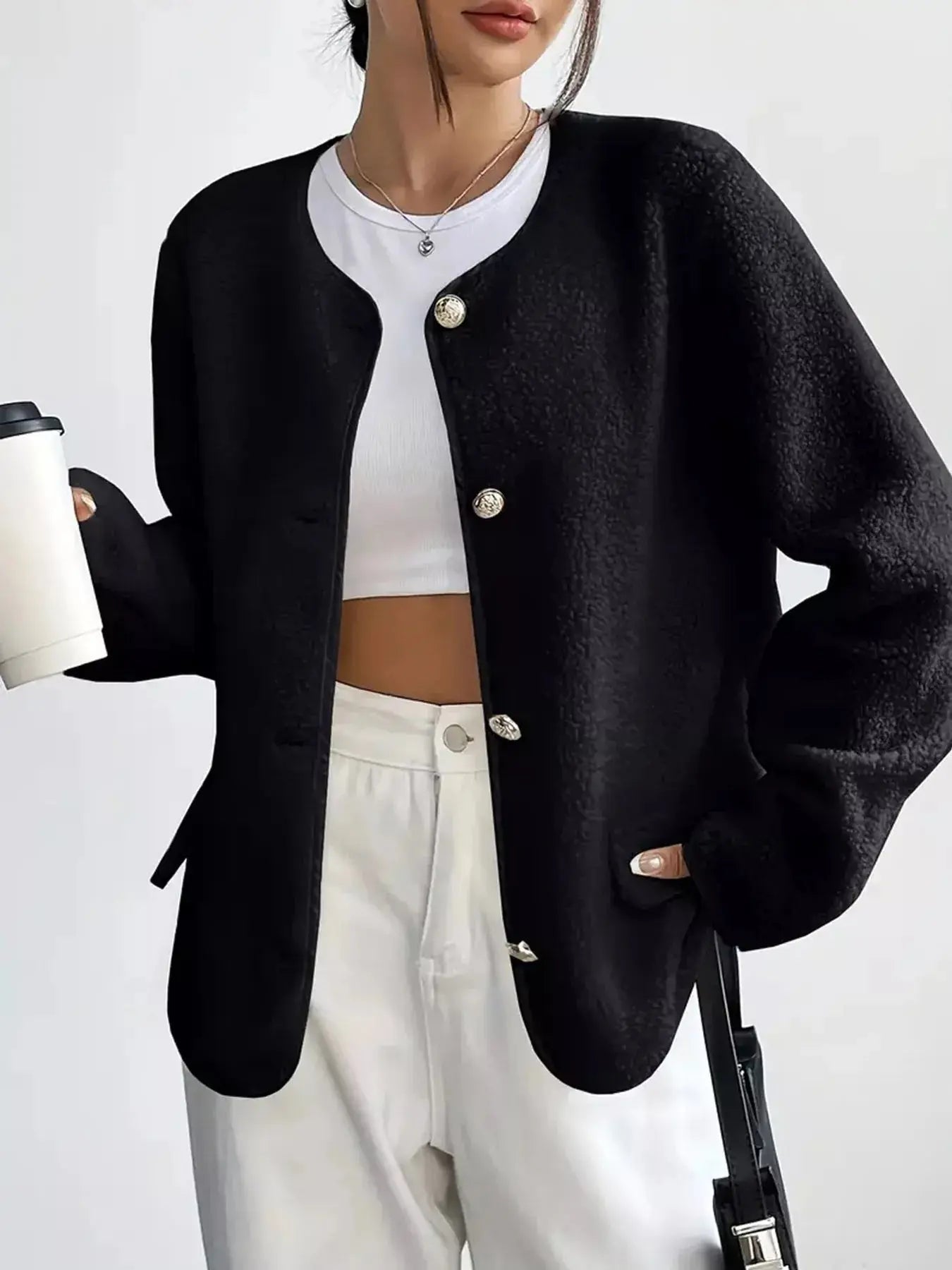 Full Size Textured Button - Up Fleece Outerwear Plus Size - Charmdeals