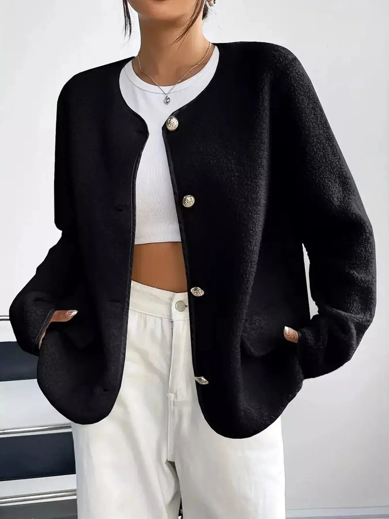 Full Size Textured Button - Up Fleece Outerwear Plus Size - Charmdeals