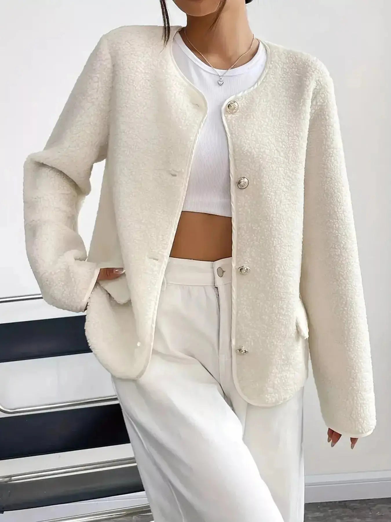 Full Size Textured Button - Up Fleece Outerwear Plus Size - Charmdeals
