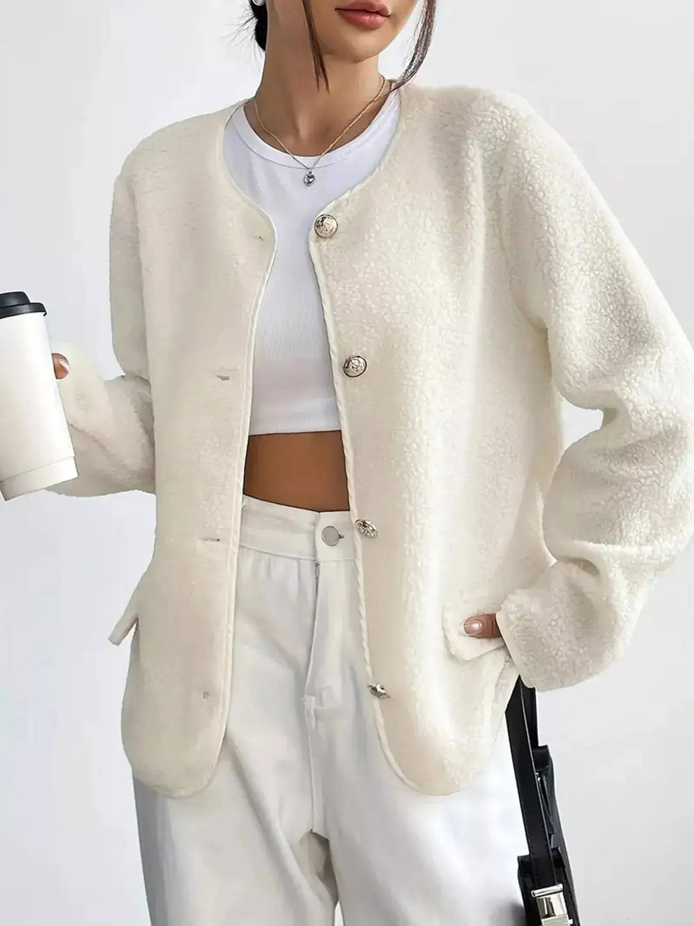 Full Size Textured Button - Up Fleece Outerwear Plus Size - Charmdeals
