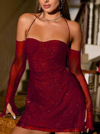 Glitter Mini Dress with Sleeves - Charmdeals