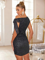 Glitter Tied One Shoulder Mini Dress - Charmdeals