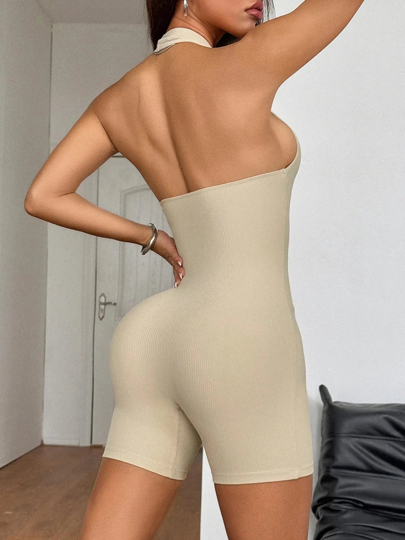 Halter Neck Ribbed Athletic Romper - Charmdeals