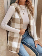 Hooded Plaid Sherpa Vest Coat - Charmdeals