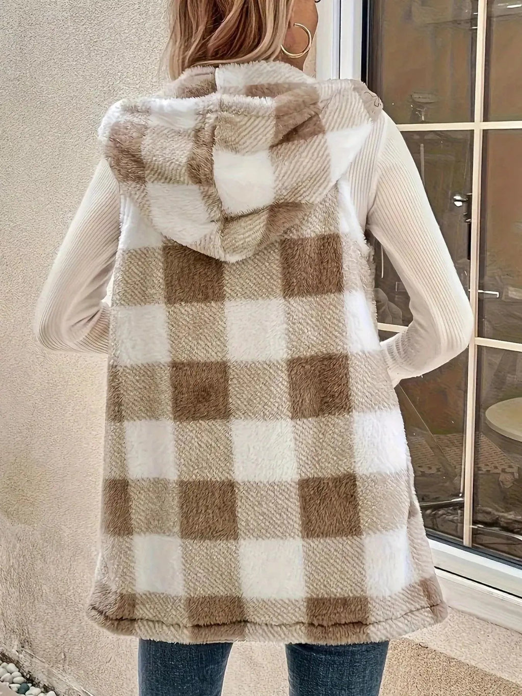 Hooded Plaid Sherpa Vest Coat - Charmdeals