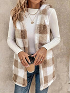 Hooded Plaid Sherpa Vest Coat - Charmdeals
